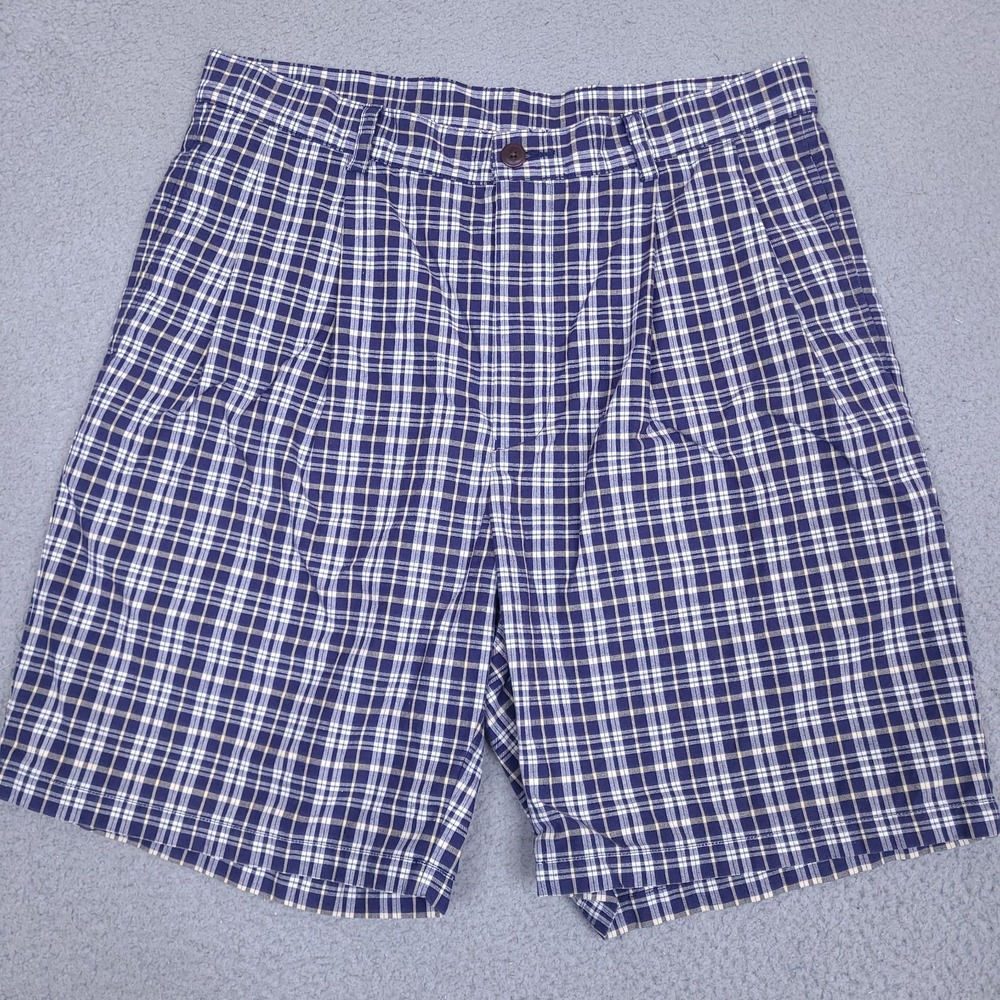 Vintage Nautica Shorts Mens 33 Blue Plaid Pleated Nantucket Golf Preppy Chino